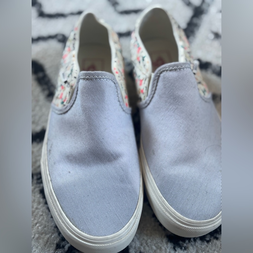 Vans Asher Floral Stripe Sneakers Womens 7.5 White Navy Slip On Shoes Flowers